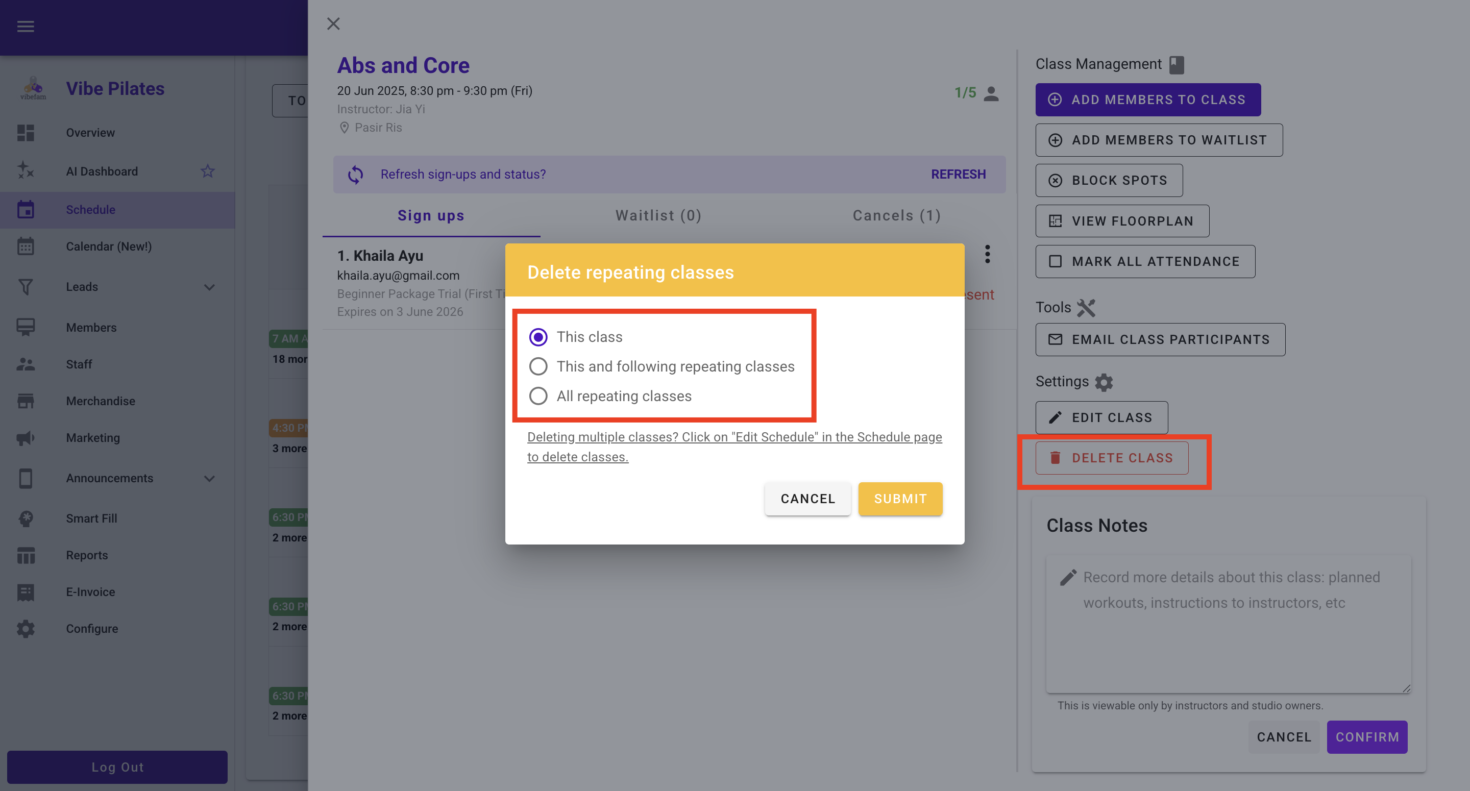 How to delete an individual or repeating class