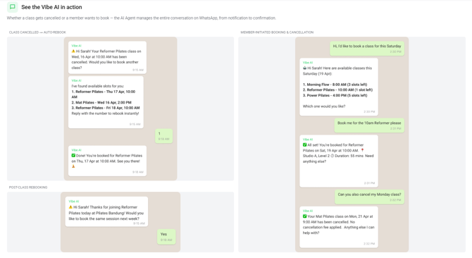 Vibe AI handling a cancelled class, a member-initiated booking, and a post-class rebooking prompt — all automatically.