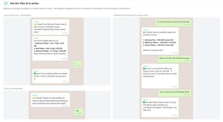 Vibe AI handling a cancelled class, a member-initiated booking, and a post-class rebooking prompt — all automatically.